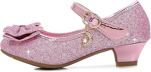 Miniatura 3 de Zapatos de vestir para niñas con lazo de princesa y tacón alto Mary Jane con purpurina, para fiesta de boda para niños pequeñosgrandes (rosa, 5.5