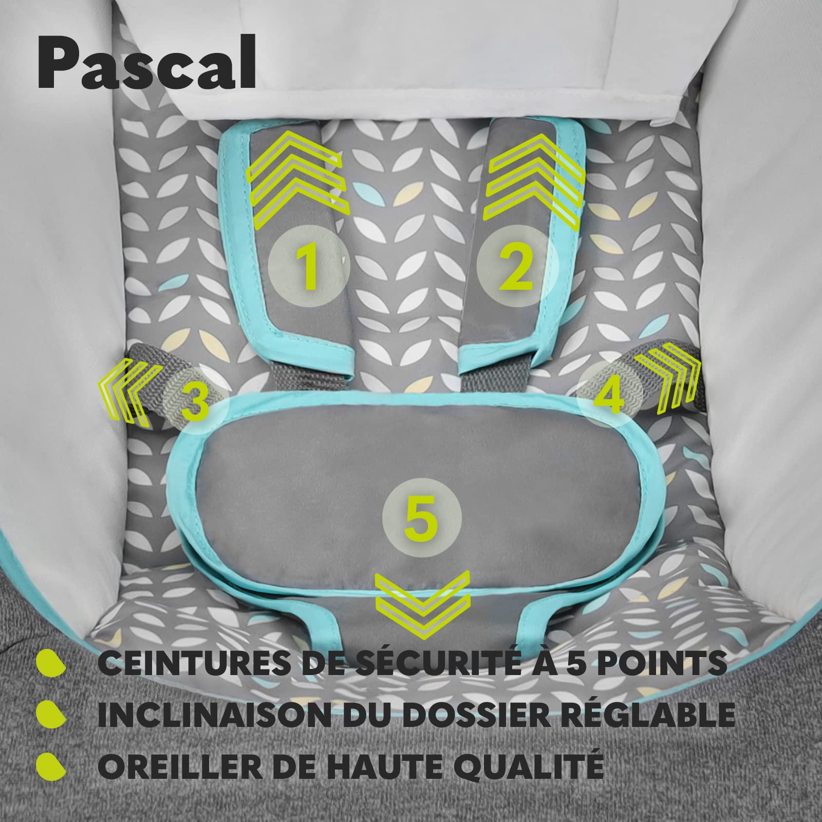 Lionelo Pascal transat bébé avec vibrations délicates, 12 mélodies avec réglage du volume, dossier réglable, barre à jouets interactifs, pliage compact