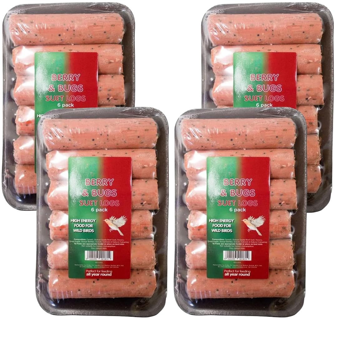Extra Select Suet Logs Berry & Bugs 6 count each | Enticing Fruity Treat for Garden Birds | Pack of 4 | Total of 24 Suet Logs