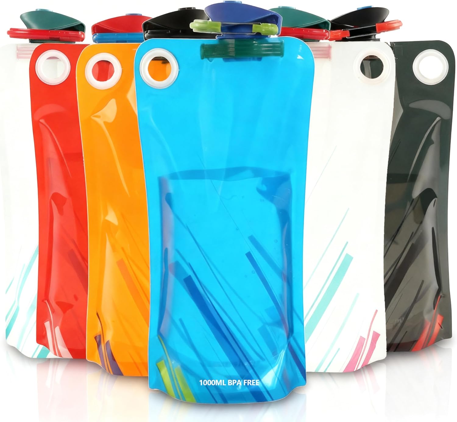 1000 ml Pack of 6 Foldable Drinking Bottles, Flexible Collapsible Reusable Drinking Bottle, Foldable Bottle for Hiking, Adventure, Travel