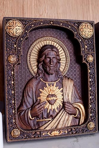 Miniatura 6 de Icono tallado en madera del Sagrado Corazón de Jesús, arte de pared cristiano y decoración de pared inspiradora, arte de Jesús hecho a mano, regalo
