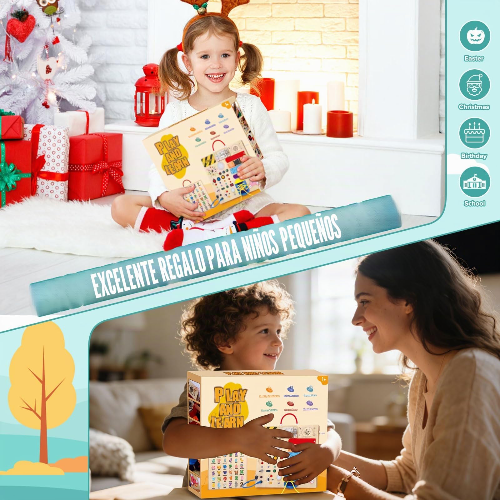 Montessori Busy Board 23 en 1 para niños pequeños a partir de 1 año, juguete de madera con 15 interruptores, 26 luces LED, caja de música, cremallera y castillo, juguete sensorial para niños de 1 a 3