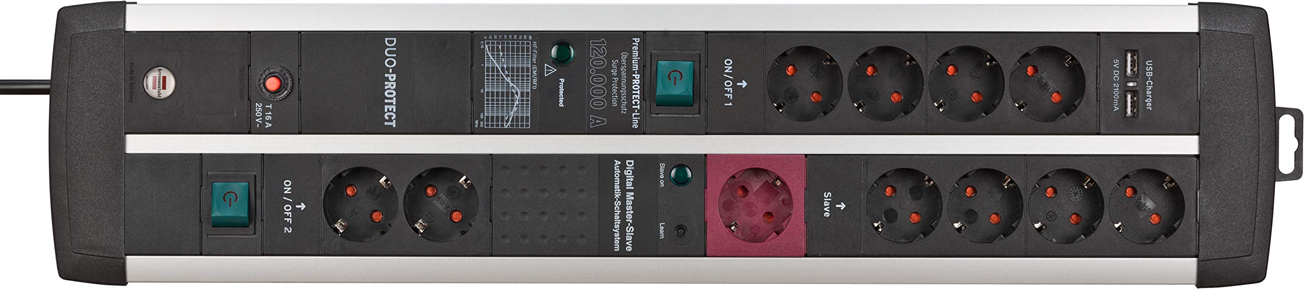 Brennenstuhl Premium-Protect-Line, Steckdosenleiste 11-fach mit Überspannungsschutz, Master Slave Funktion und USB-Ladefunktion (2 Schalter und 3m Kabel) schwarz