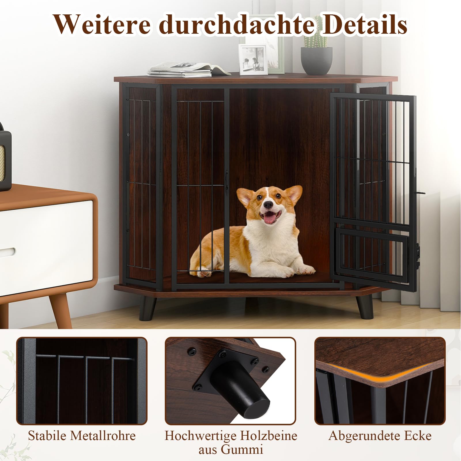 COSTWAY Eck Hundekäfig Möbel, Hundehütte mit abschließbarer Tür & 3 Holzbeinen, Hundebox aus Holz und Metall, für kleine mittelgroße Hunde, Indoor, Braun, 60 x 60 x 71,5 cm