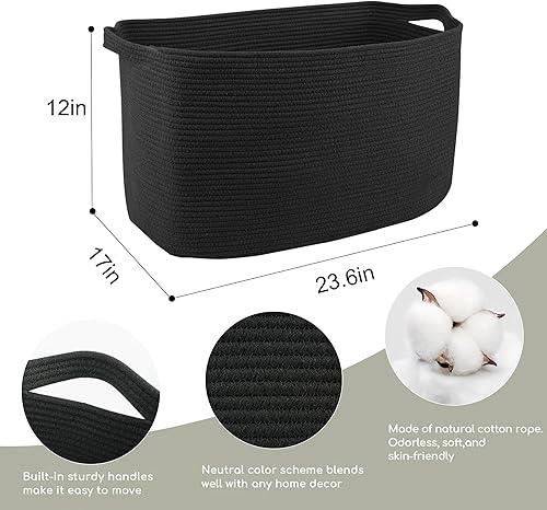 Miniatura 2 de Extra Large Rectangle Storage Basket, 23.6" x 17" x 12" Black Blanket Basket Storage for Living Room, Large Soft Woven Cotton Rope Basket, Kids Toy