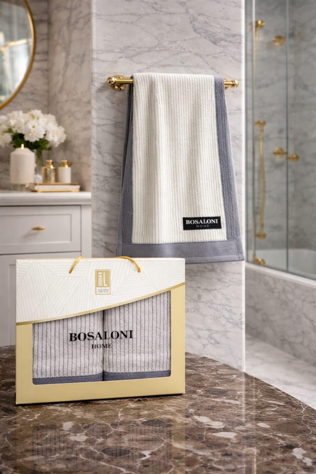 B O S A L O N I HOME Set 2 Asciugamani Viso – Formato Compatto ed Elegante – 100% Cotone – Morbidi, Leggeri e ad Asciugatura Rapida – Grigio