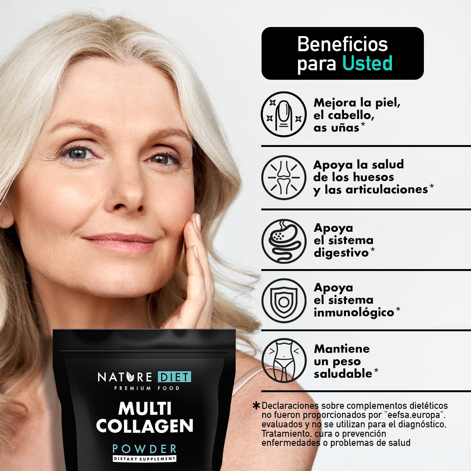 Nature Diet Multi Colágeno en Polvo Sin Sabor Péptido de Colágeno Hidrolizado Tipo: I, II, III, V y X, altamente biodisponible, péptido de colágeno, 400G