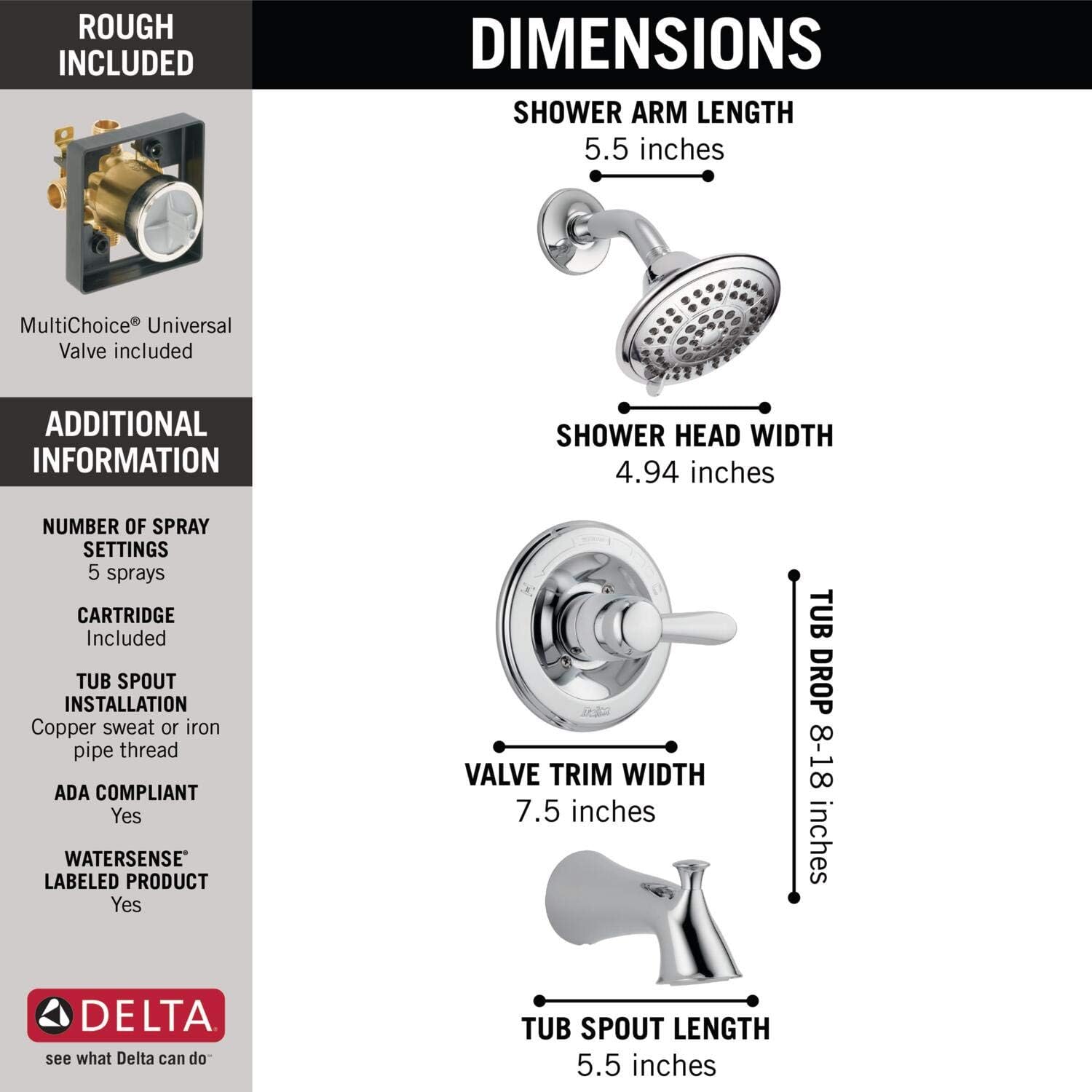 DELTA Faucet Lahara 14 Series Single-Handle Tub and Shower Trim Kit, Shower Faucet with 5-Spray Touch-Clean Shower Head, Chrome T14438 (Valve Included)