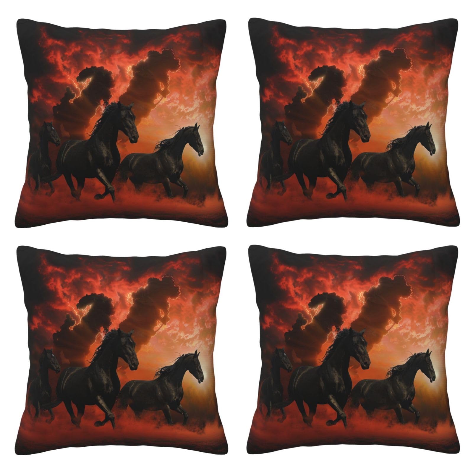 Black Horses Red Glowing Clouds Throw Pillow Cases 4 Pack Square Pillowcases Super Soft Pillow Protectors With Zipper for Couch Livingroom Sofa Bed Office Car,50x50 CM