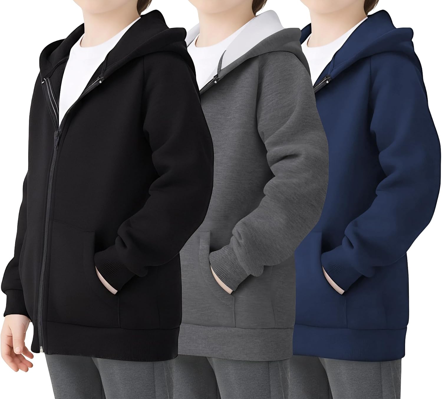3-Pack Boys Full-Zip Fleece Hoodies,Soft Long Sleeve Hooded Jackets for Toddlers & Kids Fall & Winter Wear