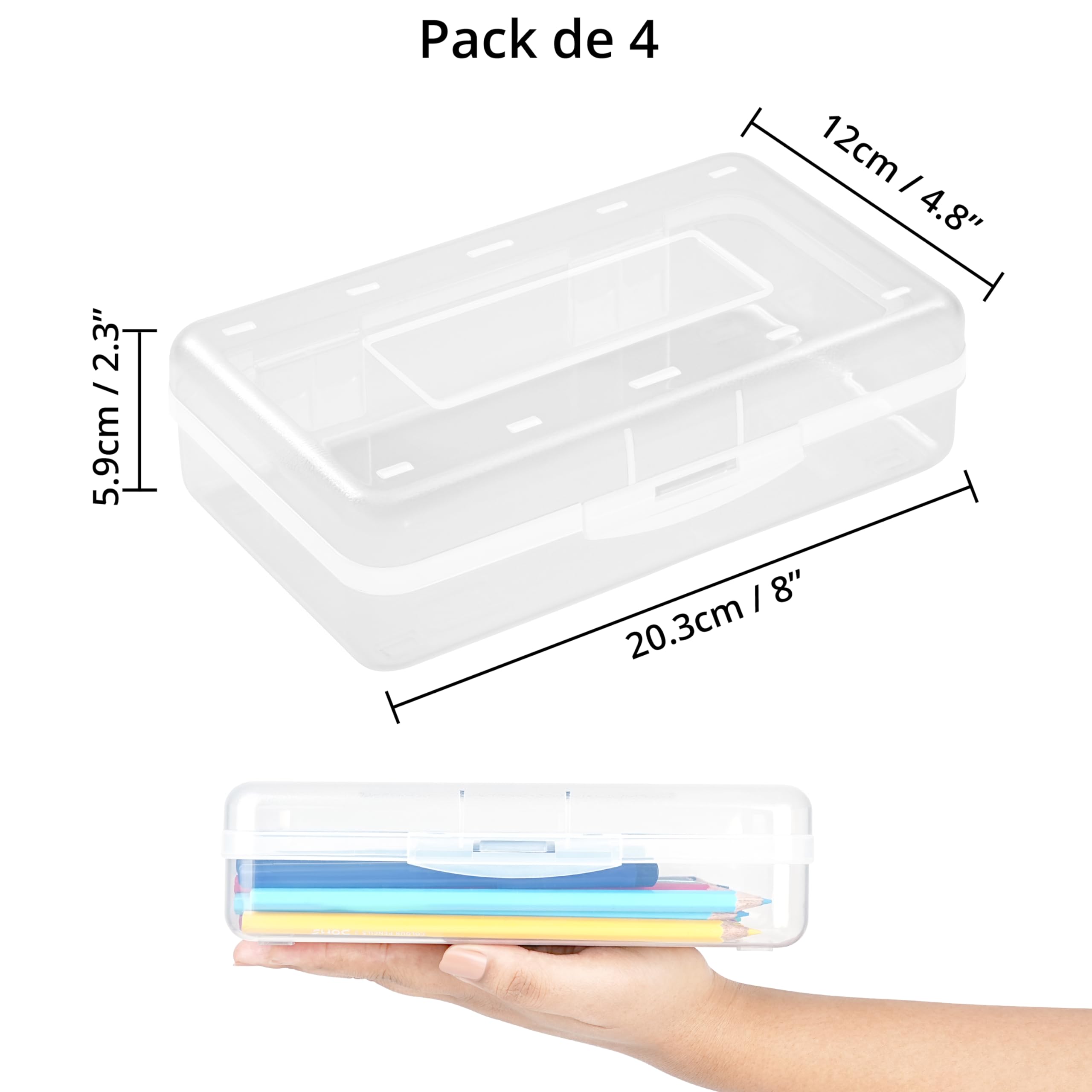 Winter Shore Boite Rangement Feutre en Plastique, Large Capacité (Lot de 4) | Rangement Stylo Bureau Transparent & Rigide avec Couvercle Fermé, Boites Empilables, Jusqu'à 100 Crayons