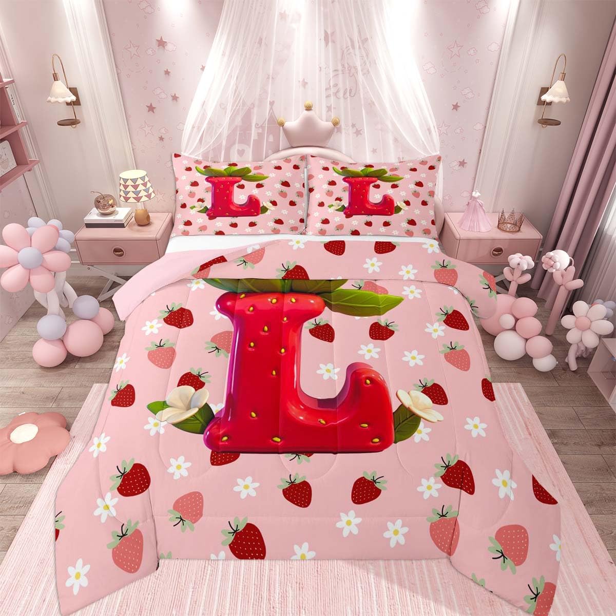 Feelyou Girls Pink Red Strawberry Comforter Set All Season Initial Letter L Bedding Set with 1 Pillow Cases Princess Strawberry Microfiber Kids Toddler Bedclothes Bedroom Decor Duvet Quilt Soft