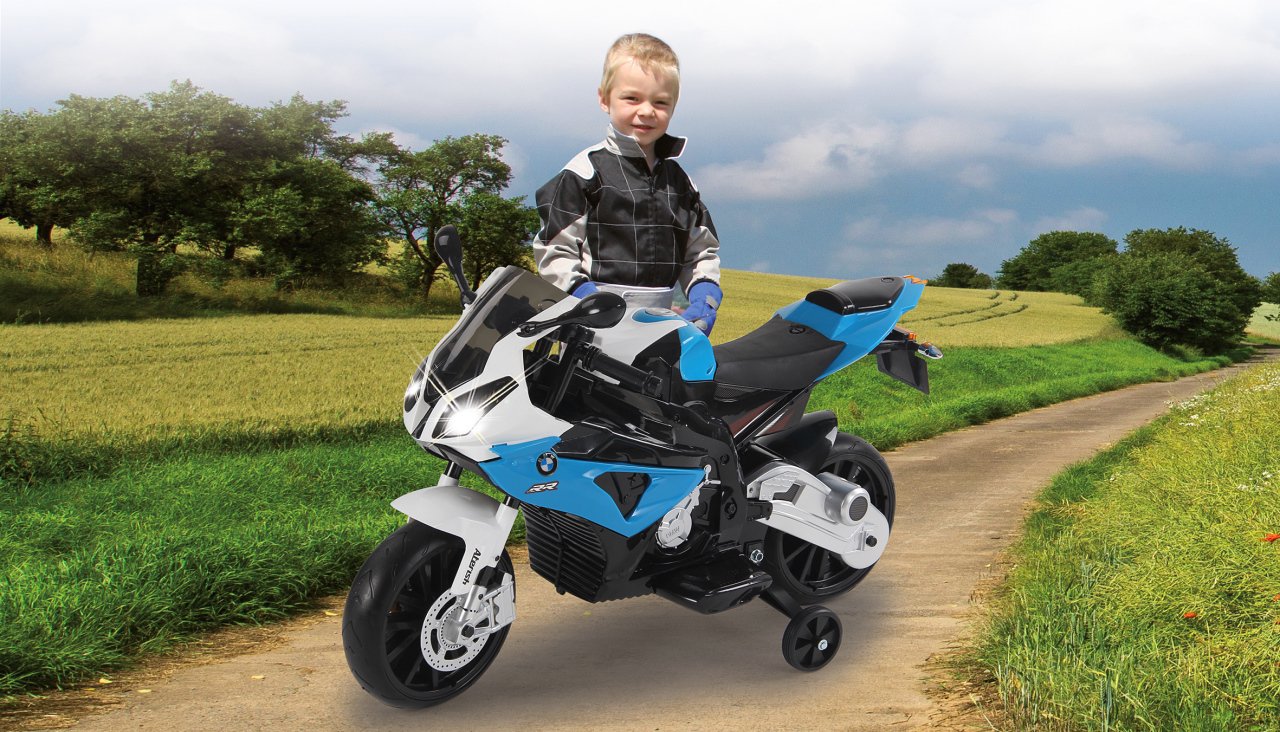Jamara 460281 Ride-on motocykl BMW S1000RR niebieski 12 V-2-biegowy, wydajny silnik napędowy i czas jazdy akumulatora do 90 min, klakson, odgłosy silnika, reflektor LED, koła podporowe zdejmowane, stojak boczny