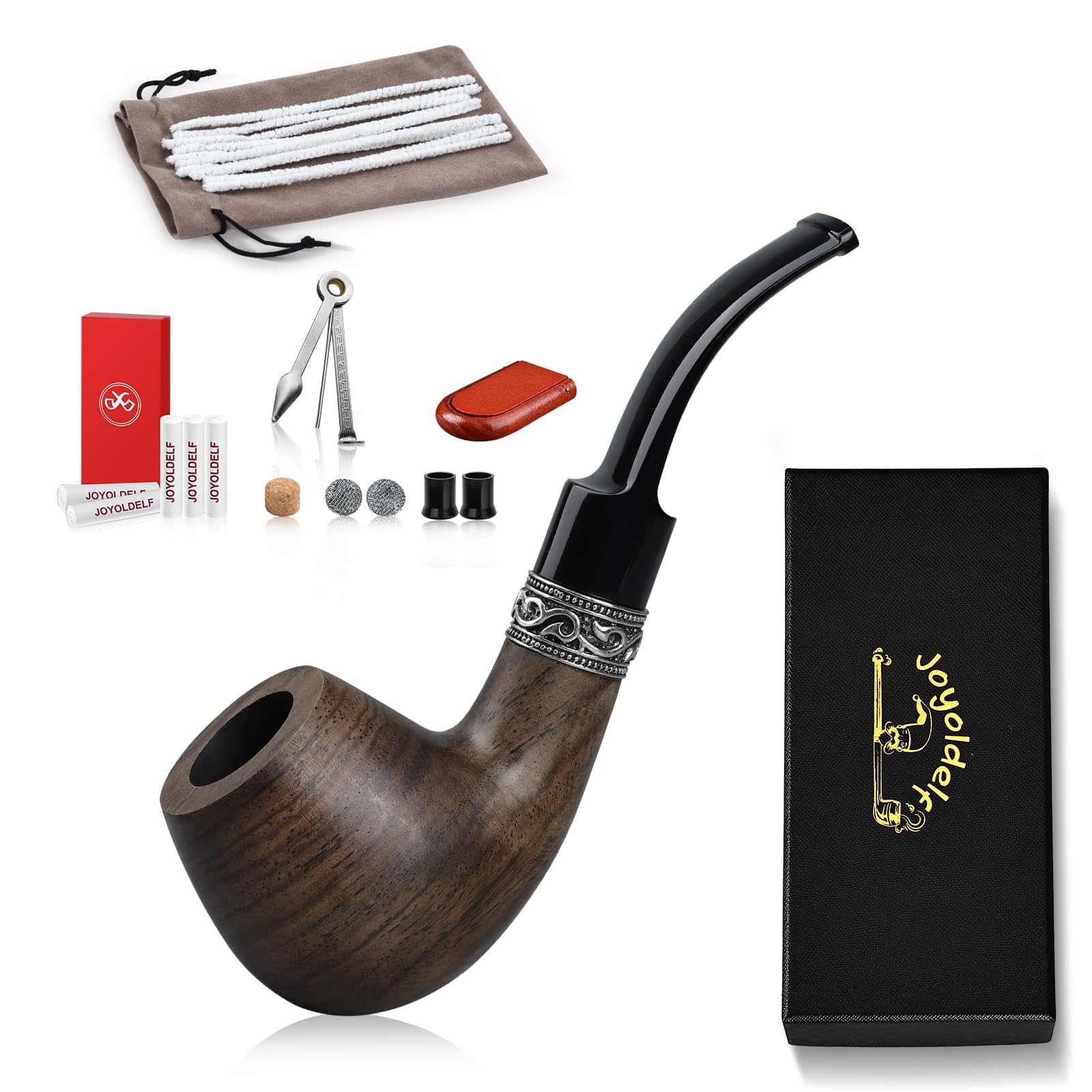 Joyoldelf Tobacco Pipe, Wooden Smoking Pipe with Pipe Stand, Vintage Ebony Tobacco Pipes for Smoking with Pipe Scraper, 9mm Pipe Filter, Tobacco Pouch and Smoking Accessories