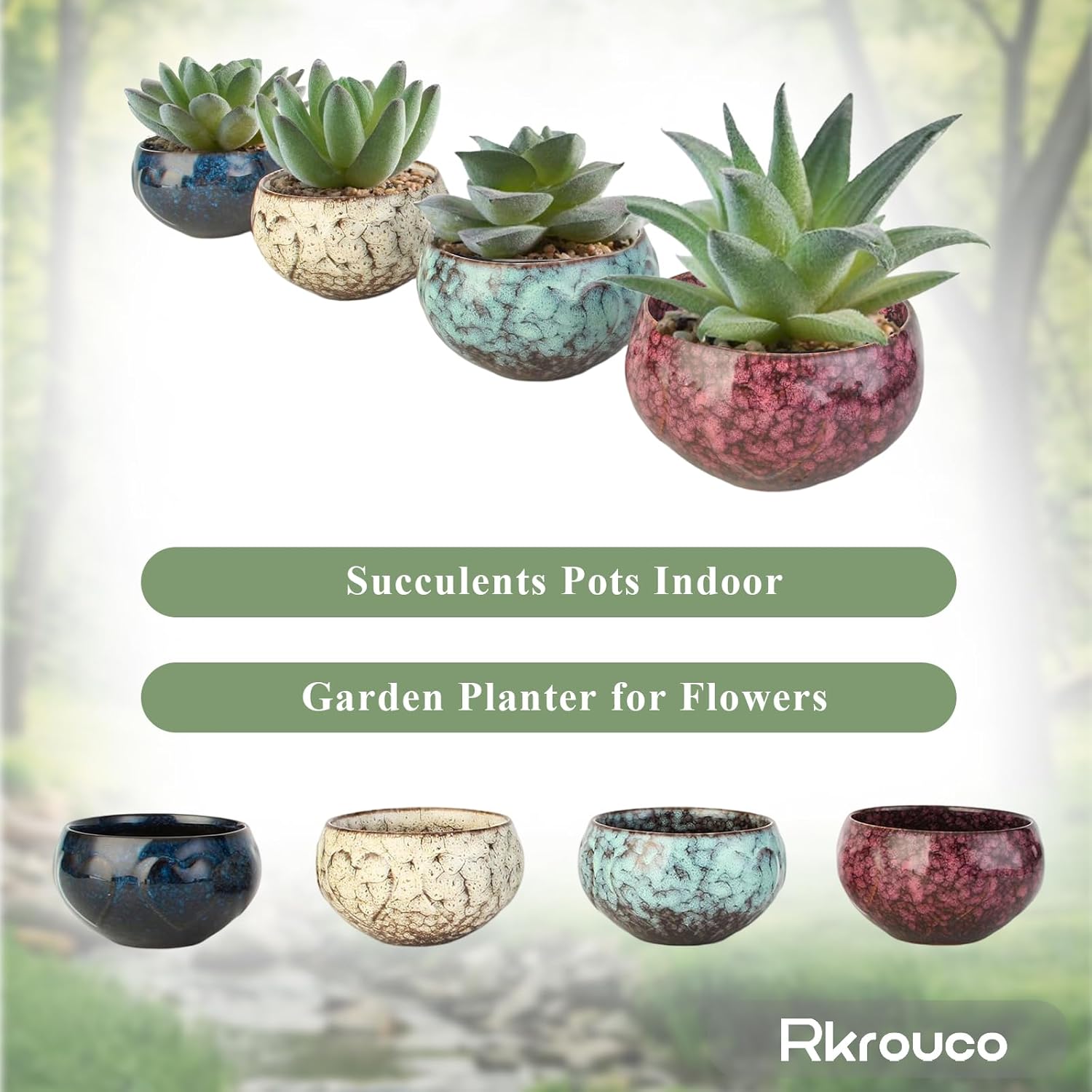 Ceramic Plants Pots 3 Inch Set of 4 Flower Pots with Drainage and Bamboo Tray for Indoor/Outdoor Small House Plants,Foliage Plant