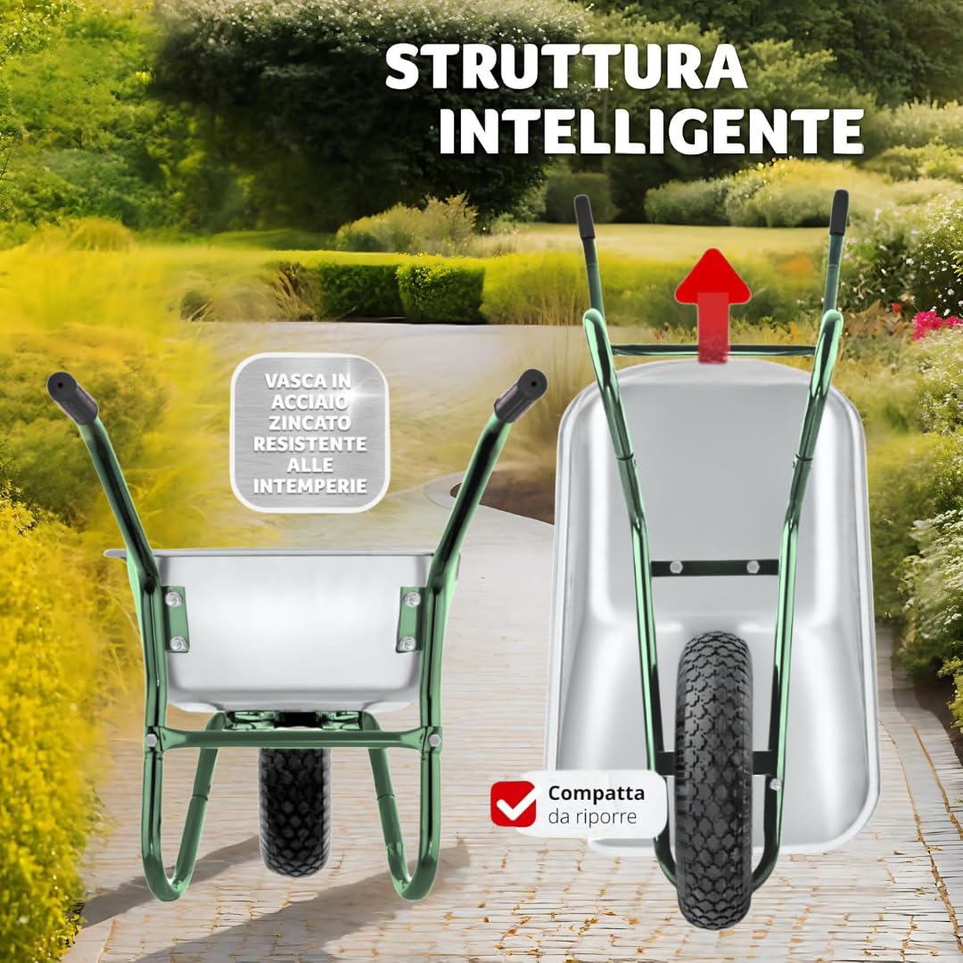 Brouette de Jardin 75L - Cadre en Acier galvanisé, Roue pneumatique 4.00-8 avec Chambre à air, Charge 100 kg - Idéal pour Chantier, pelouse, Ciment