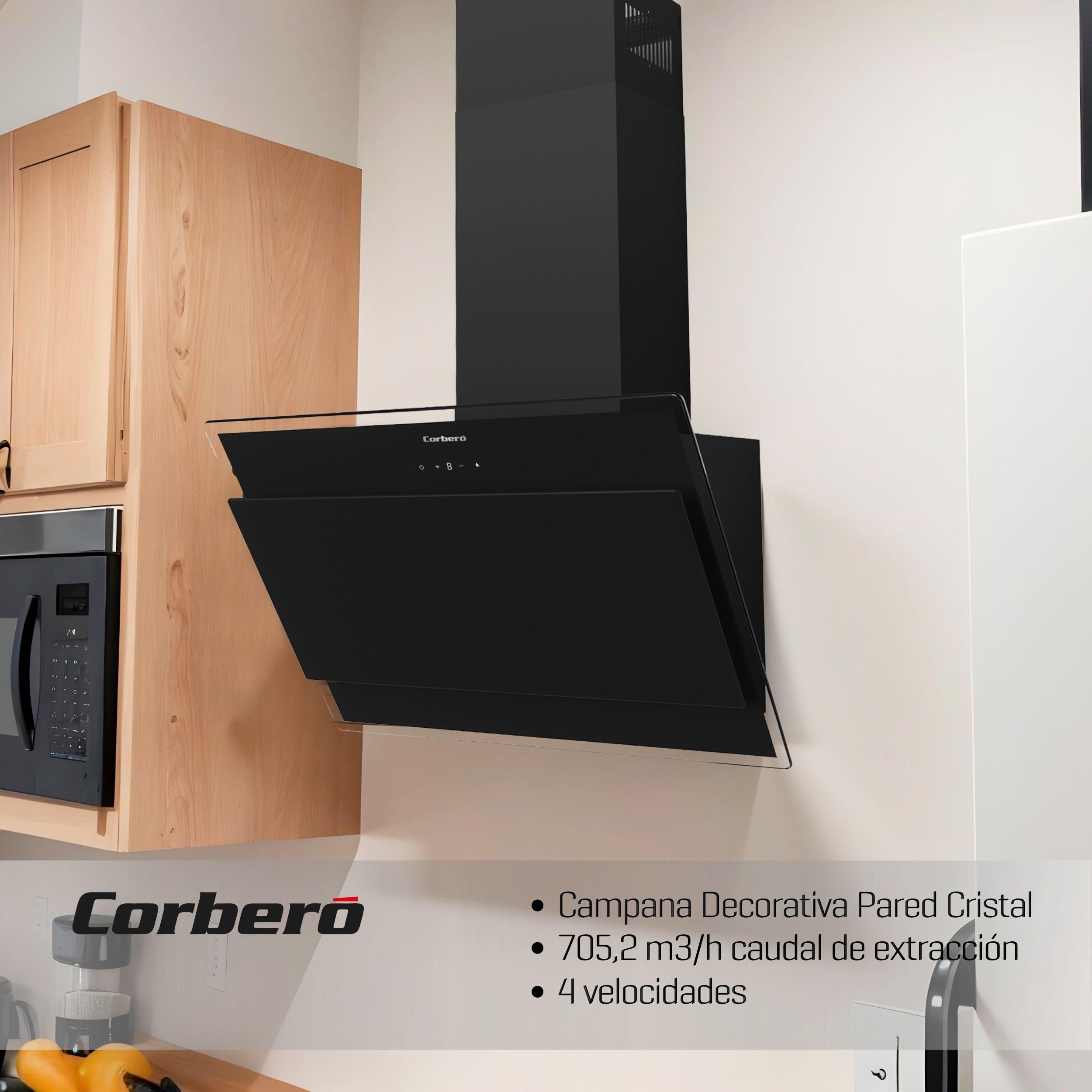 Corbero - Campana Extractora 60 cm | ONEGA675B | 705.2 m3/h | 66db| 230W | 4 Velocidades | Control Tactil| Vidrio Templado | 1 Filtro Aluminio + 1 Filtro Carbón | Blanco