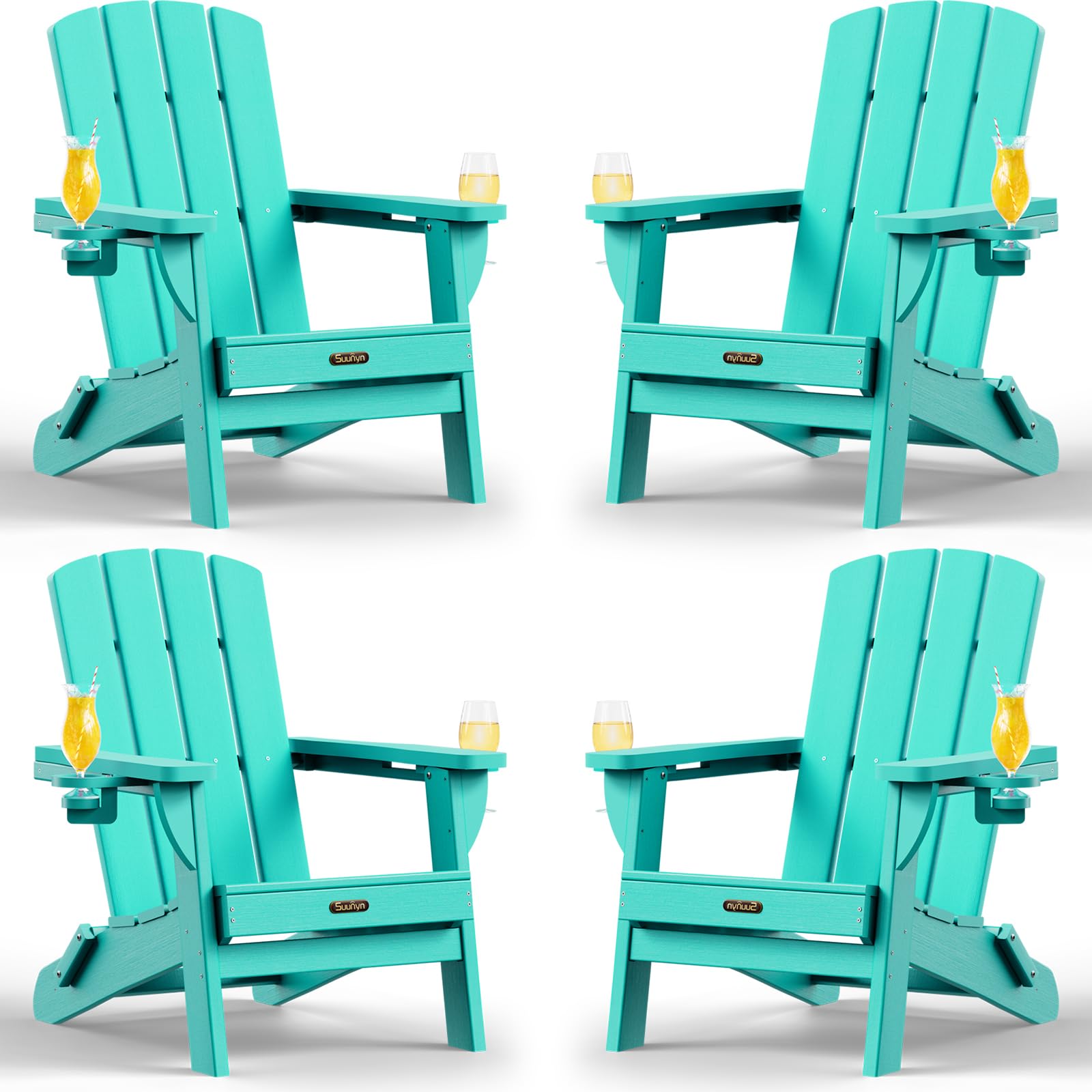 SUUNYN Folding Adirondack Chair 4 Pack, HDPE All-Weather Fire Pit Chairs, Plastic Adirondack Chairs with 2 Cup Holder, Outdoor Lawn Chair for Patio