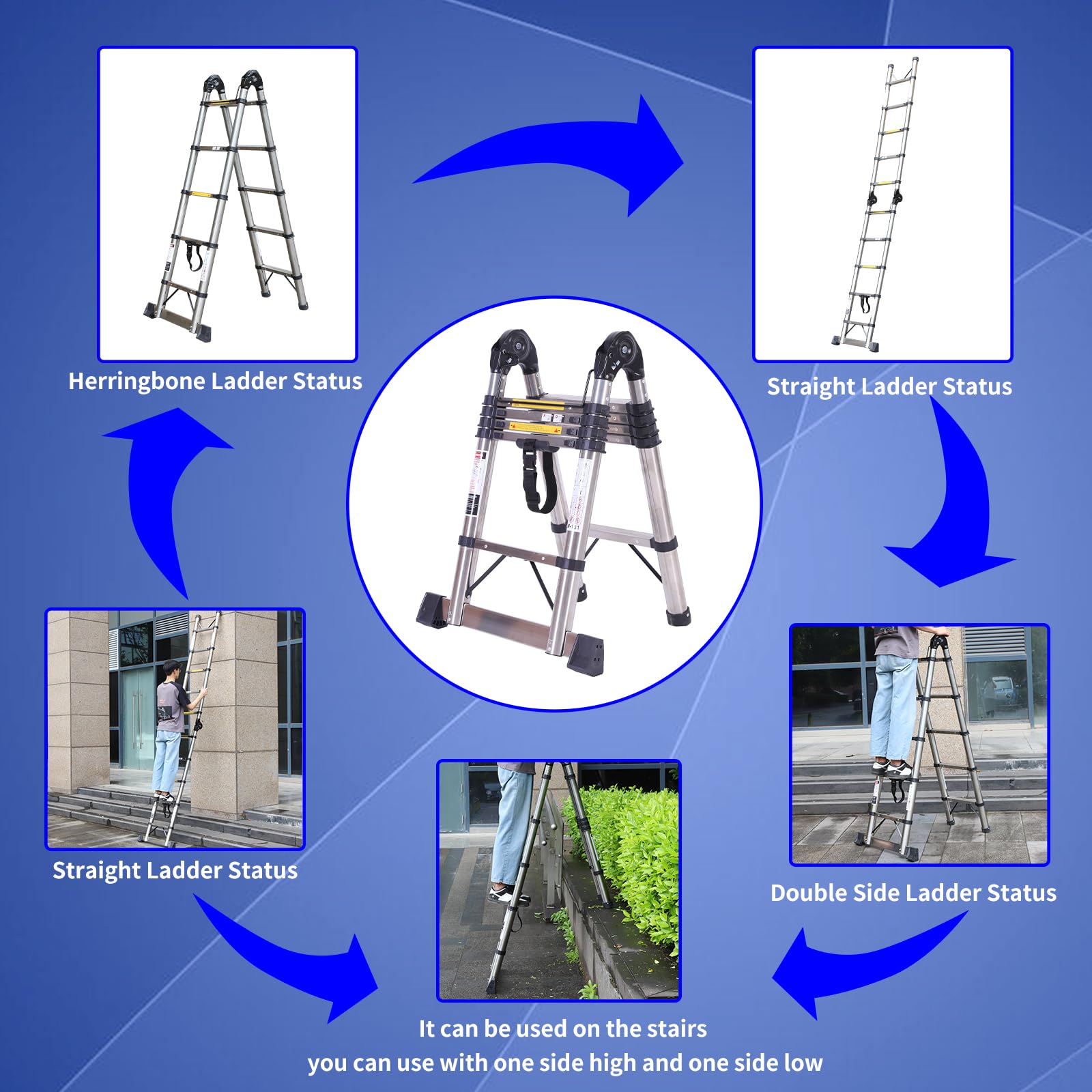3,2 m (1,6 m + 1,6 m) Teleskopleiter, Aluminium, Teleskopisch, Mit Mobilen Rollen Und Stabilisator, Tragbar, A-Rahmen, Multifunktional, Tragfähigkeit 150 Kg (Silber)