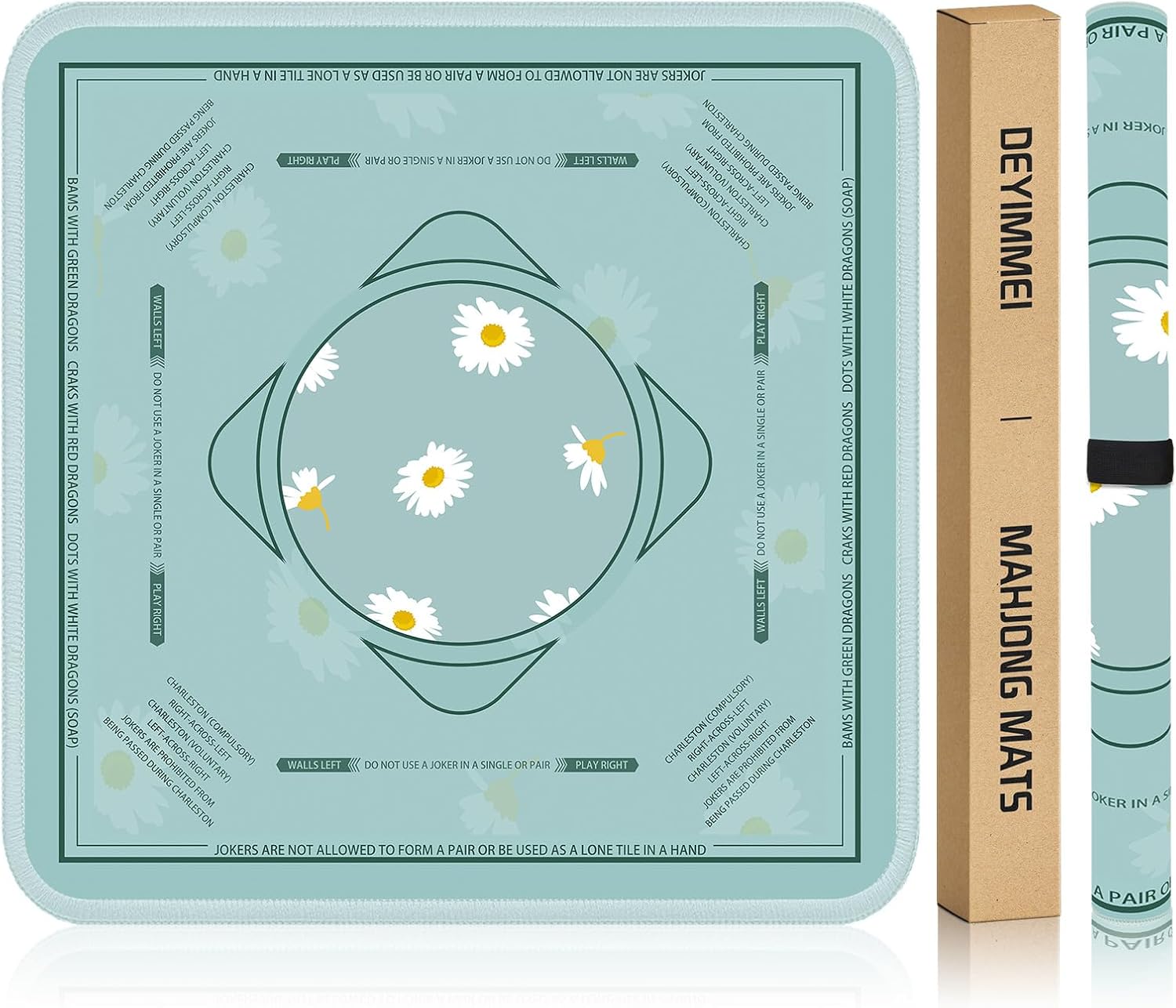 Deyimmei Neoprene Mahjong Mat for Table 31.5"x31.5" - Non-Slip, Noise Reduction Cover with Storage Pockets, American Rules & Crease-Free Rolled Shipping​ (Daisy Garden)