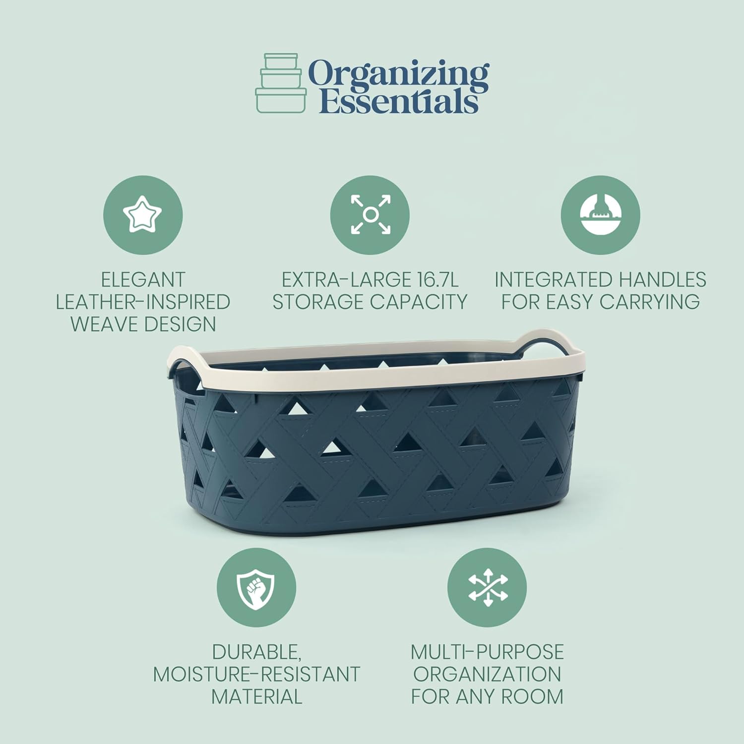 Extra-Large Plastic Storage Basket with Handles – Blue & Cream Decorative Bin for Bathroom, Living Room, or Laundry – Designer Leather Pattern Organizer Basket, 16.7L