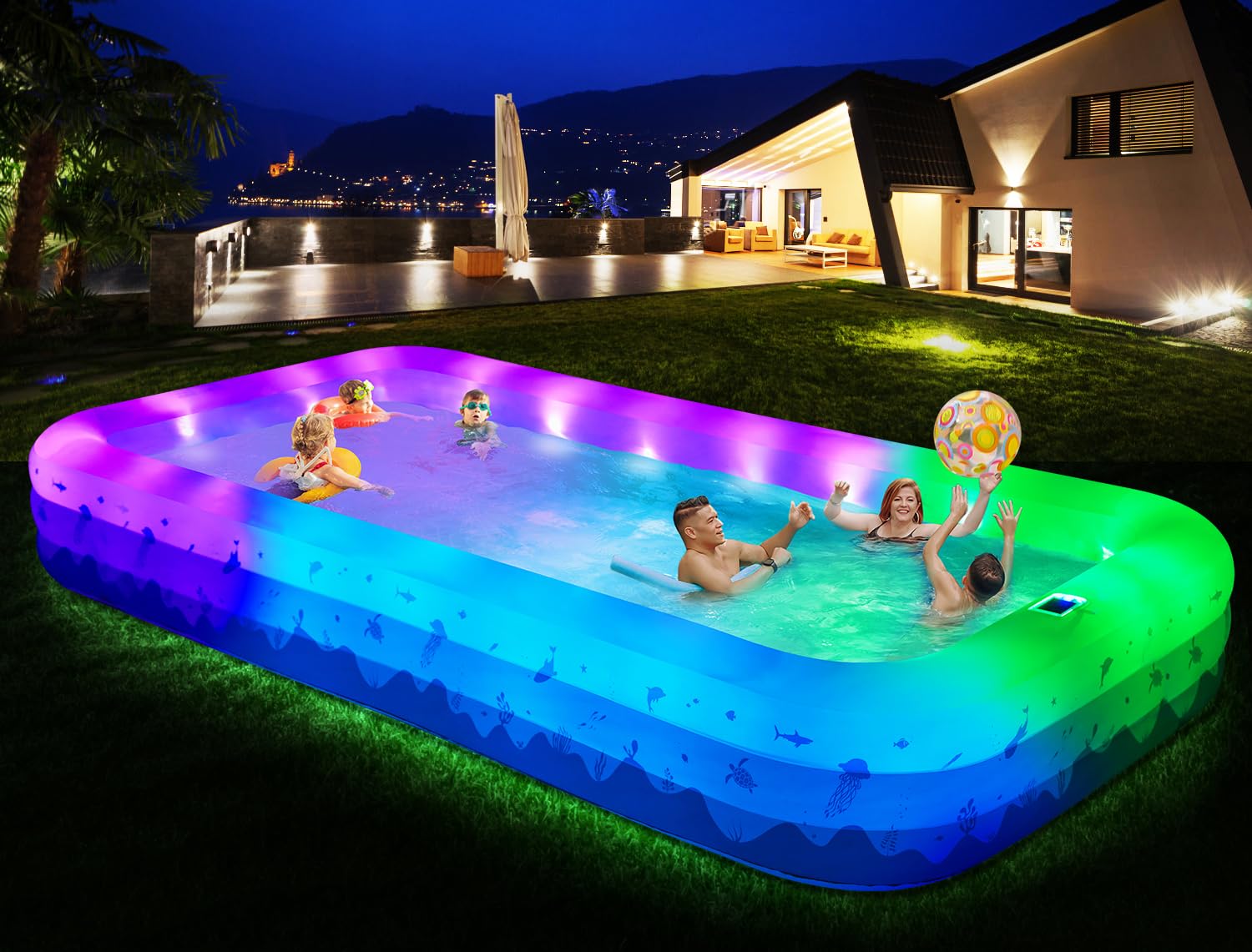Grandi piscine gonfiabili con luci, 368 cm x 188 cm x 56 cm, piscine gonfiabili familiari per adulti, piscina gonfiabile alimentata a energia solare per il cortile (pompa d'aria non inclusa)