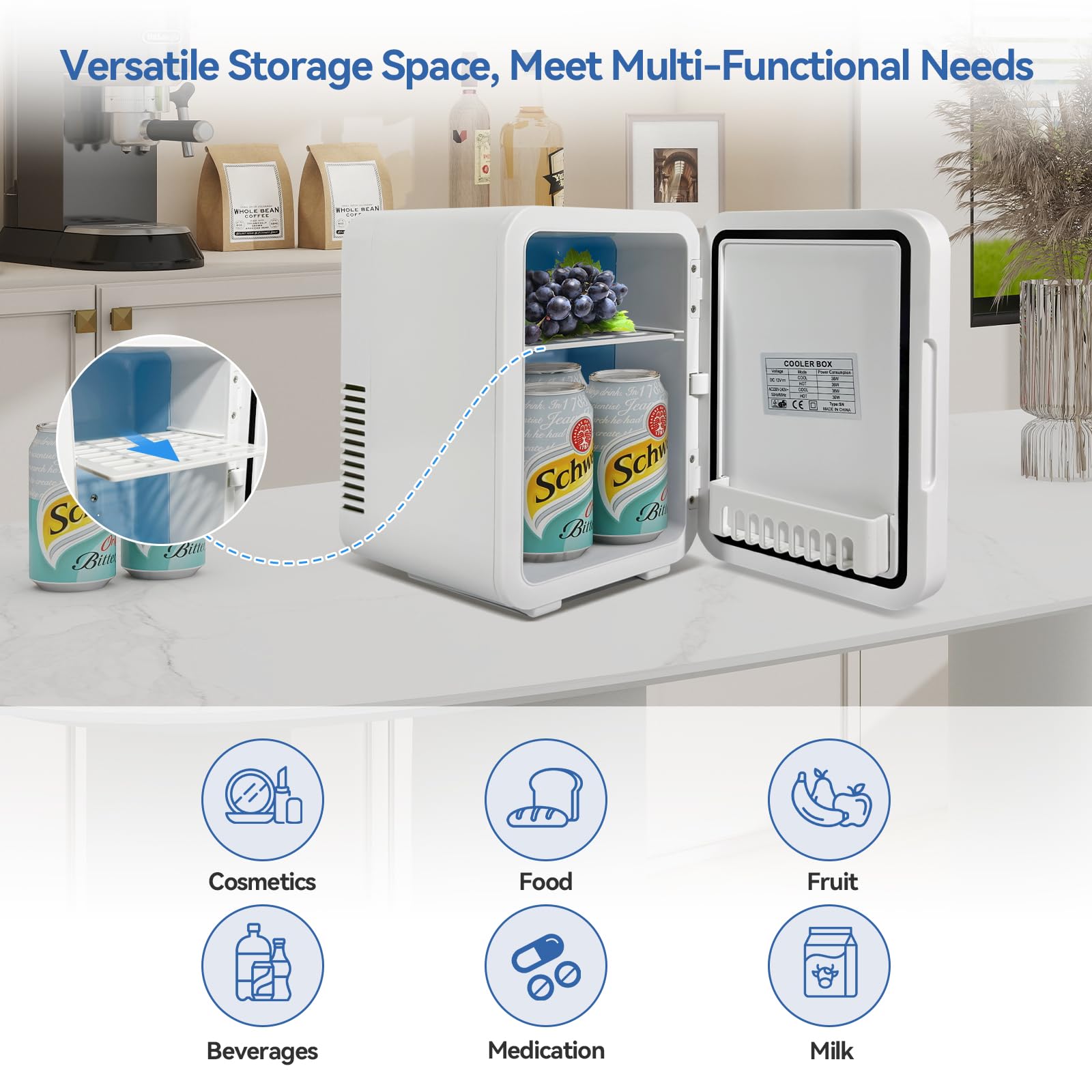 Kwanner 4L Portable Skincare Fridge with Dimmable LED Light Mirror - Cooler & Warmer Mini Fridge for Bedroom Office, Compact Cosmetic Fridge for Makeup, Food, Drinks (White) — view 2
