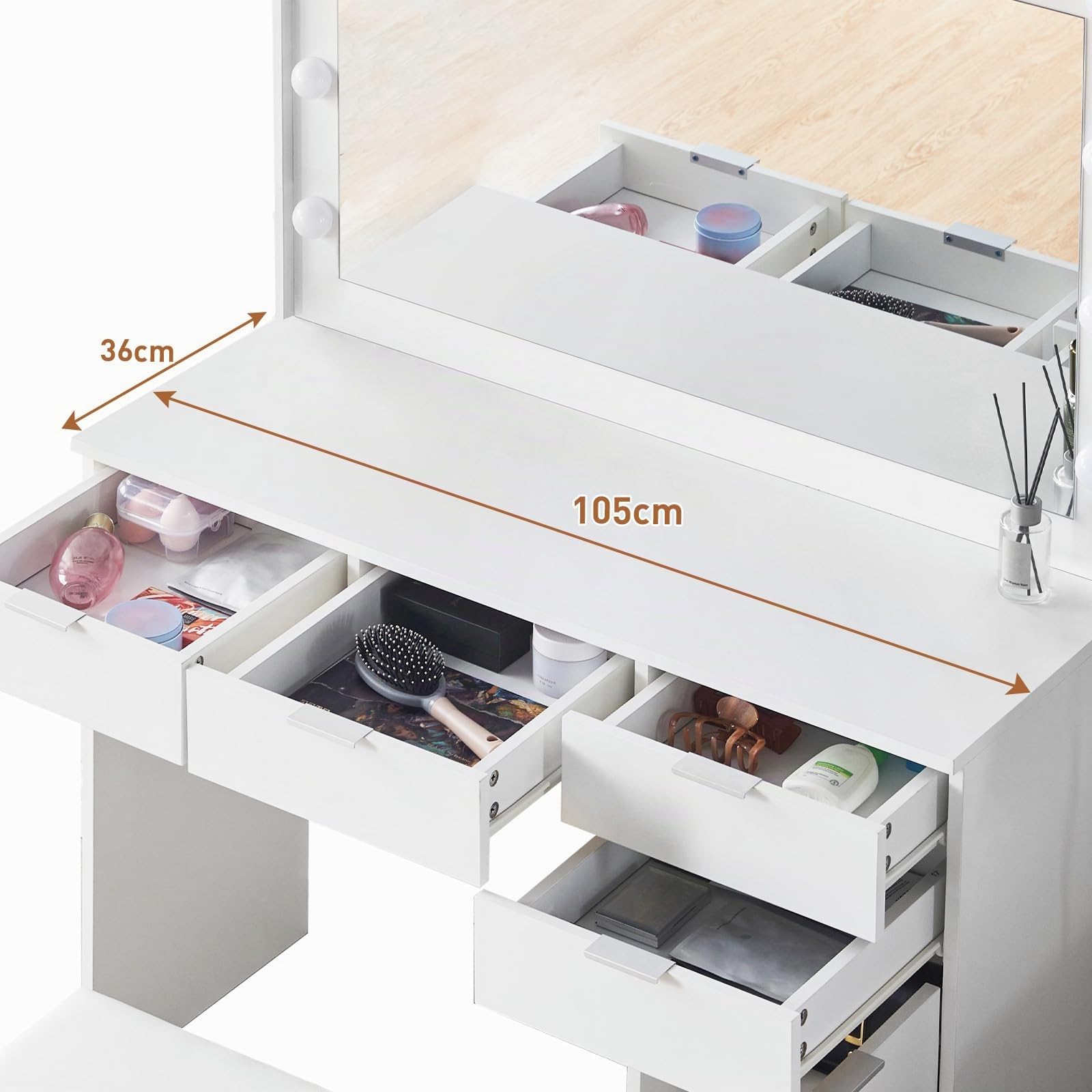 LEMROE Toeletta con Specchio LED e Sgabello, 3 Luci Regolabili, Tavolo da Trucco Bianco Moderno con 4 Cassetti e 1 Armadio, 40 x 105 x 140 cm