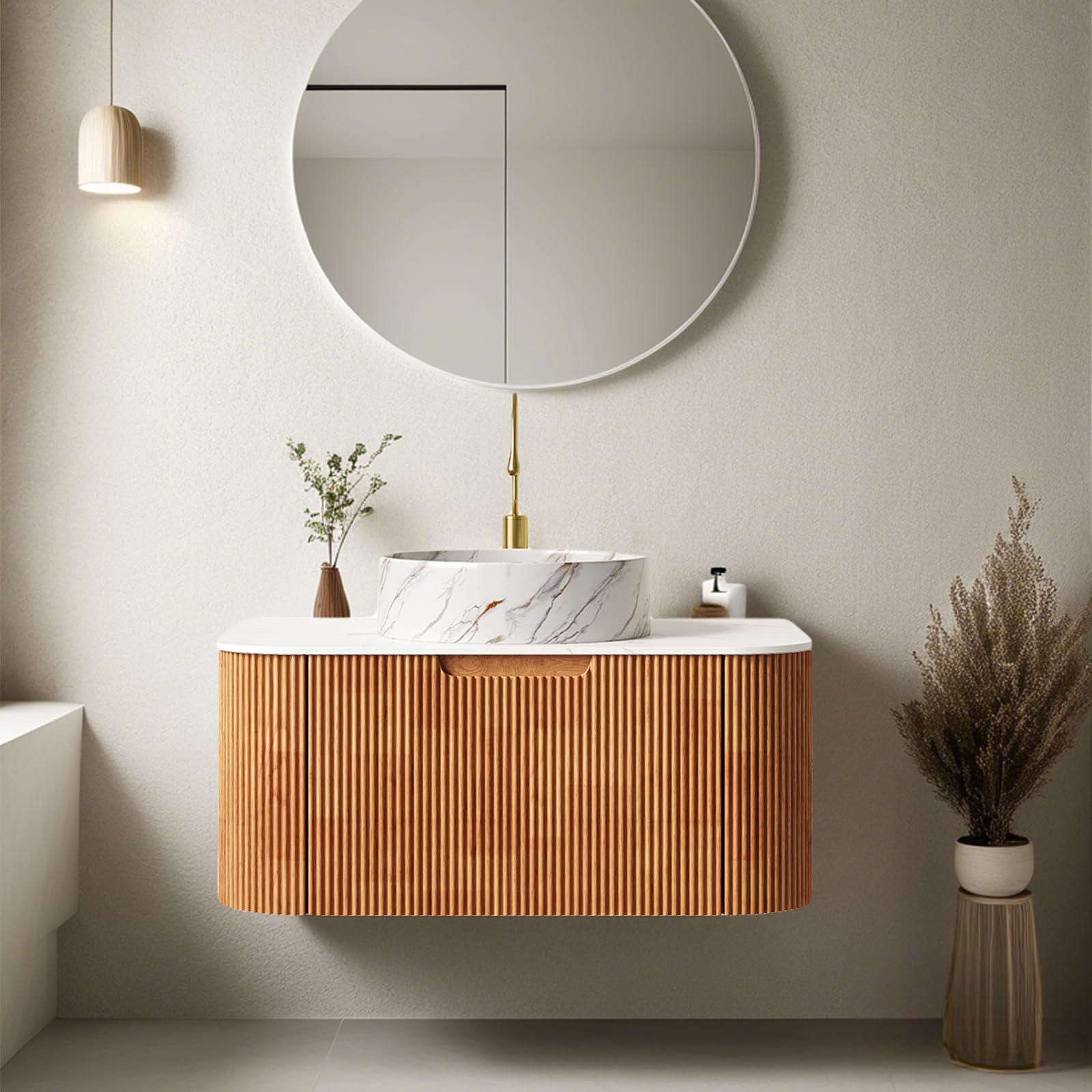 AmbroVania 30" Bathroom Vanity with Sink, Floating Cabinet with Ultra-Thin Marble Ceramic Basin and Countertop, Extra Large Storage Drawer, Soft-Close Design, Nature Wood