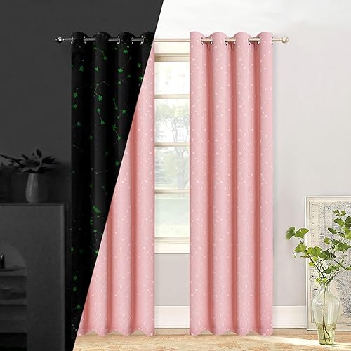 TMLTCOR Blackout Curtains for Bedroom,Pink Curtains 84 inches Long,Bedroom Curtains for Living Room,Glow in The Dark Kids Curtains for Kids