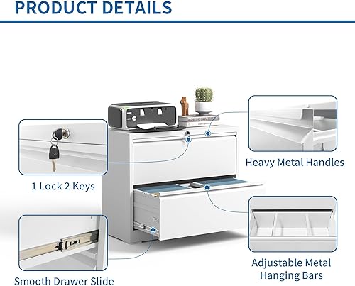 Miniatura 4 de Archivador lateral con cerradura, archivadores de metal para oficina en casa, tamaño legalcarta A4, archivador con gabinete de almacenamiento de 2