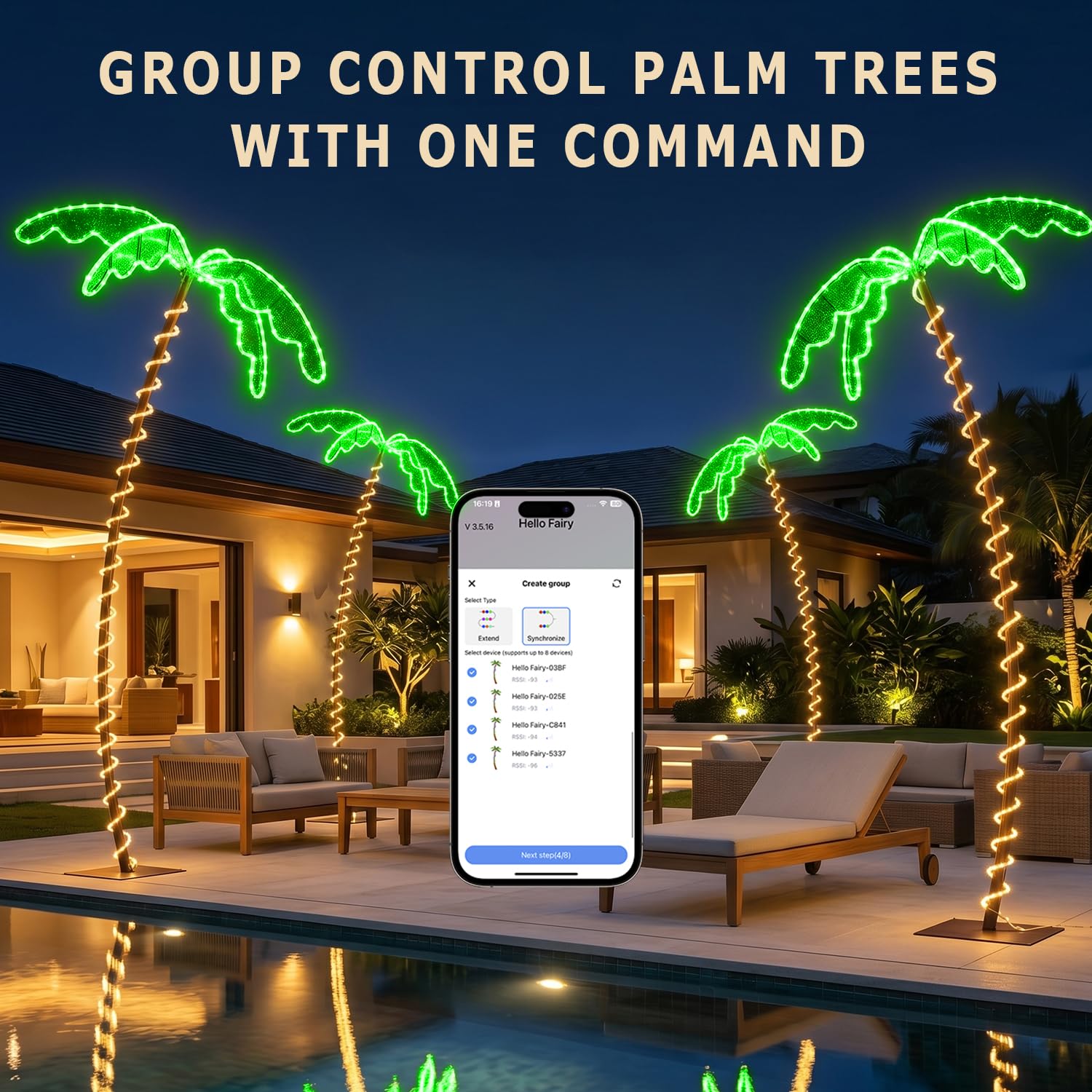 Palma artificiale illuminata per patio esterno, app e telecomando, con tronco in metallo e corda LED, per patio, piscina, cortile, decorazione per feste, timer, sincronizzazione musica