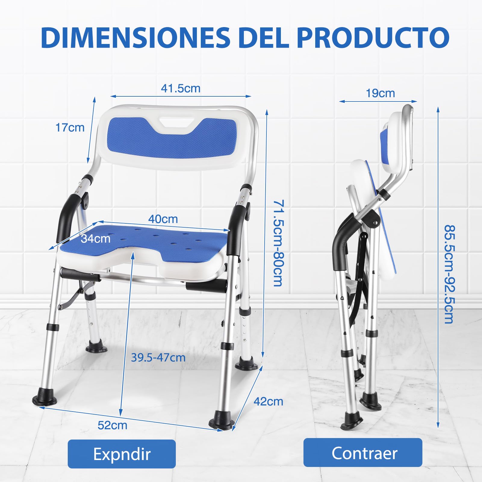 DEWEL Silla Ducha Personas Mayores Plegable, Silla para Ducha(Azul) | Altura Regulable, Asiento de Ducha Antideslizante con Soporte para Ducha de Ducha, Capacidad de Carga de 150 Kg