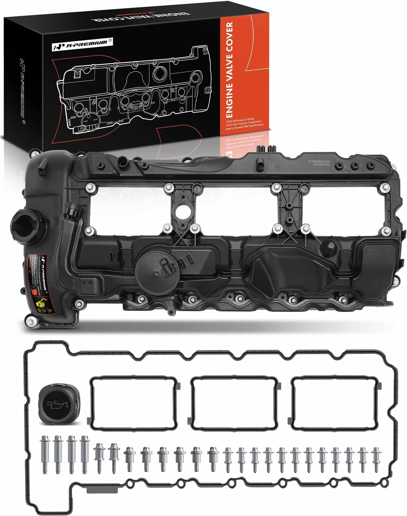 A-Premium N55 Engine Valve Cover Kit with Gasket & Bolt & Oil Cap Compatible with 2011-2019 BMW Model - 328i 335i 435i 530i 535i 640i 740i 740Li (xDrive) X3 X5 X6, 3.0L Turbo, Replace # 11127570292