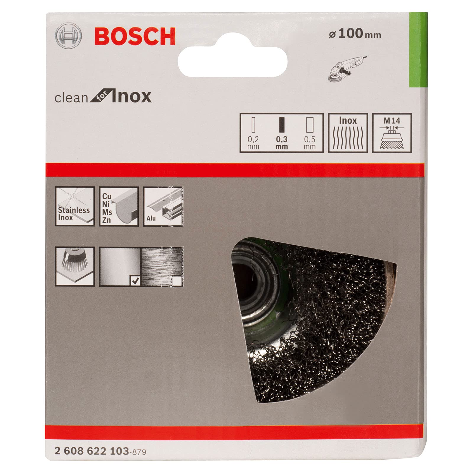 Bosch 1x Spazzola a tazza PRO Stainless Steel clean a filo ondulato grandi, filetto M14 (per Metalli non ferrosi, Acciaio, Ø 100 mm, Professional Accessorio Smerigliatrice angolare grande)