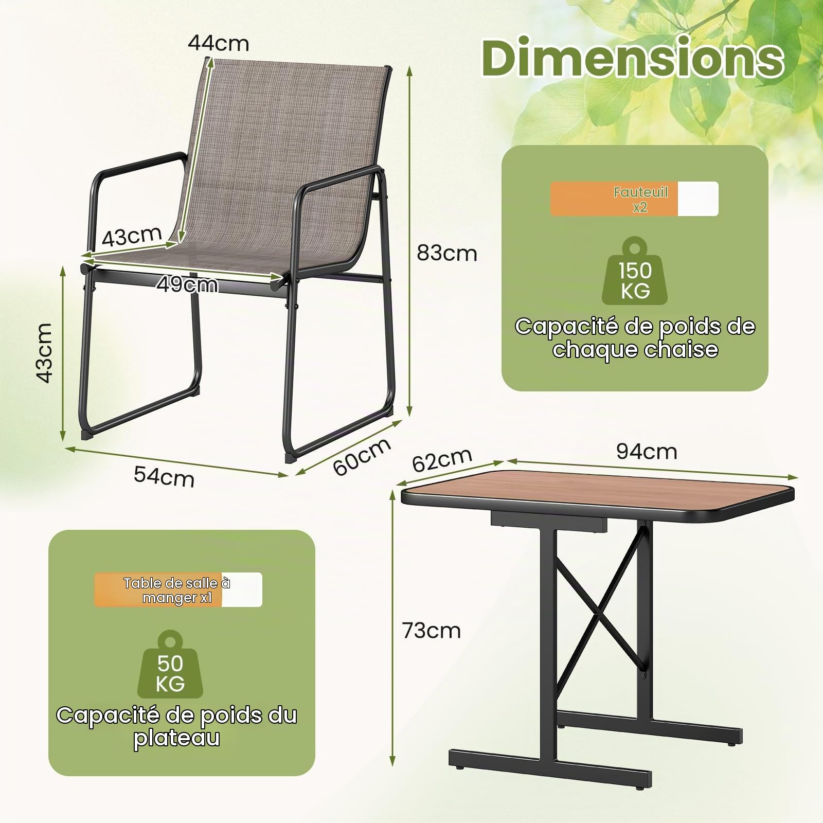 KOMFOTTEU Salon de Jardin, 2 Personnes, 2 Fauteuils & 1 Table à Manger