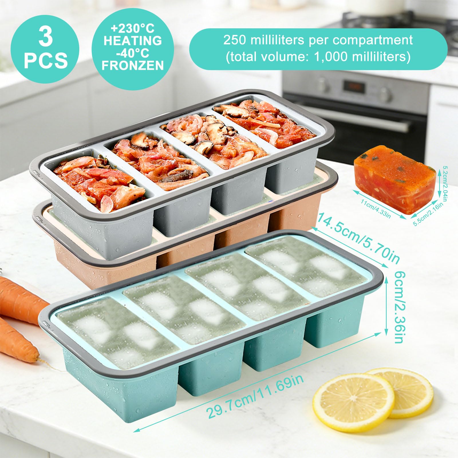 Confezione da 3 contenitori per congelatore con coperchio, in silicone, 4 scomparti (porzioni da 1 l, 250 ml), senza BPA, adatti al congelatore al forno, per cucinare in lotti e controllare le