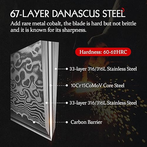 Miniatura 4 de HEZHEN Cuchillo de pan dentado de 8.3 pulgadas, cuchillo de acero de Damasco, cuchillo de cocina de acero de alto carbono, mango de madera y caja de