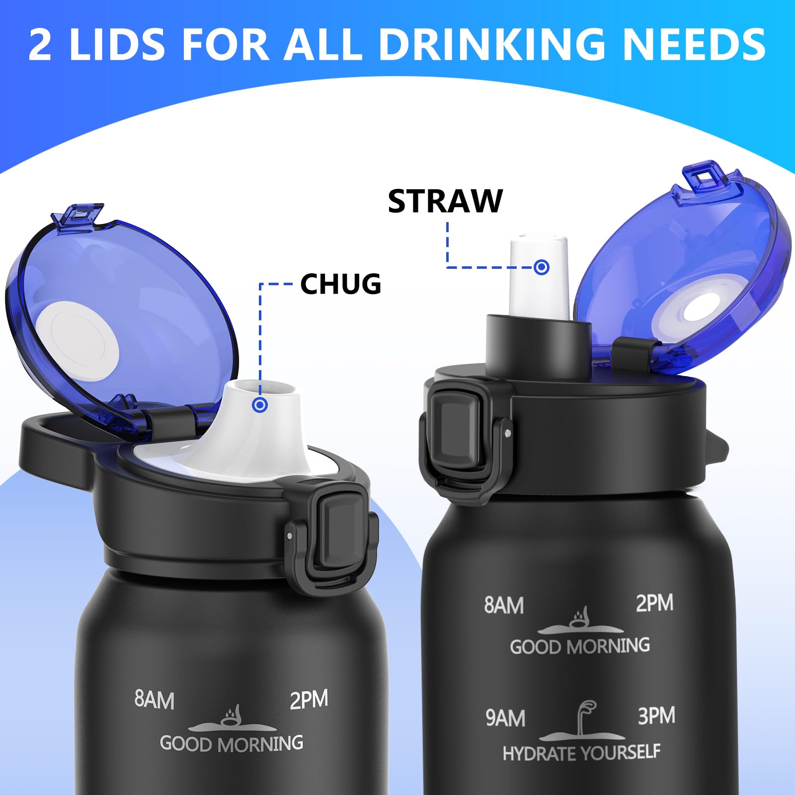 SLUXKE Borraccia Termica 1 Litri con Handle | Metallo Acciaio Inox Boraccia con Indicatore Del Tempo 1000ml, Senza BPA, Tenuta Stagna Borraccia per Sport, Escursioni, e Camping Nero