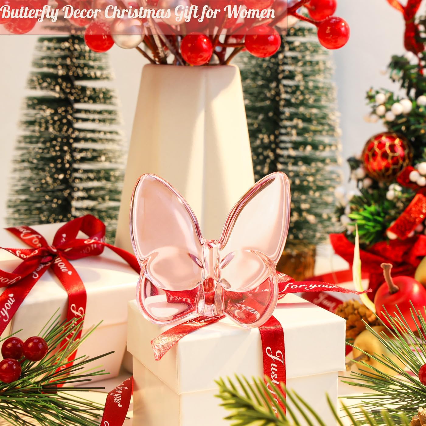 Bundle – 2 Items:Butterfly Gifts Decor Butterflies Pink Crystal Glass Figurines and Duck Figurine Statue Funny Deocr Gifts Rose Quartz Crystals Stones