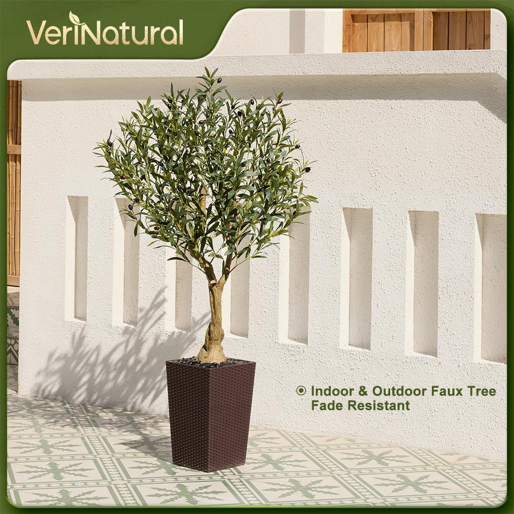 VeriNatural Olivenbaum Künstlich 150 cm - Kunstpflanze Groß UV-beständige, Kunstbaum wie echt mit Braun Kegelformiger Topf - Ideal für Wohnzimmer, Büro, Garten und Indoor & Outdoor Deko, VN137 | Kunstpflanze Groß UV-beständige Kunstbaum wie echt mit Ideal