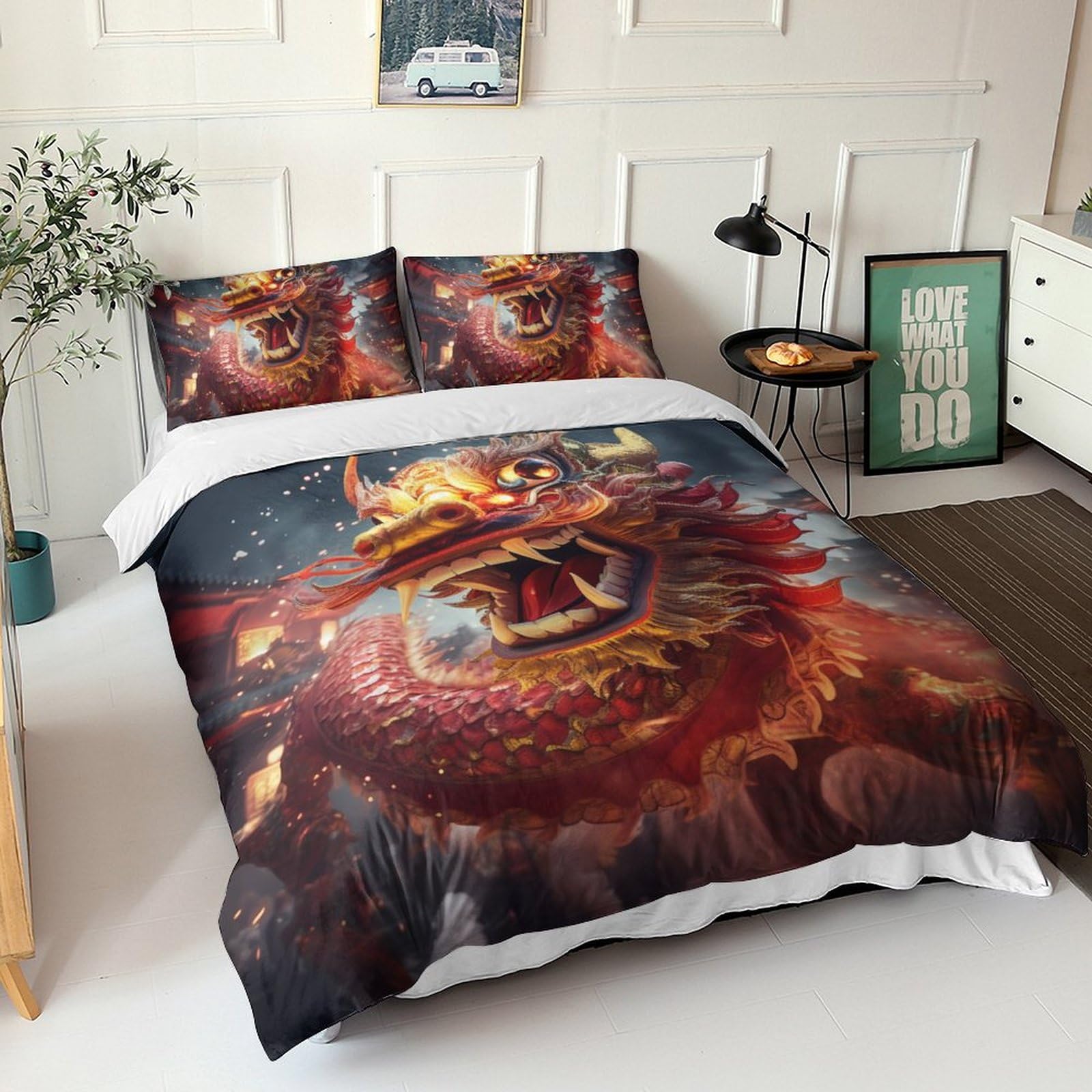 Ensemble de literie dragon chinois de qualité supérieure avec taie d'oreiller King
