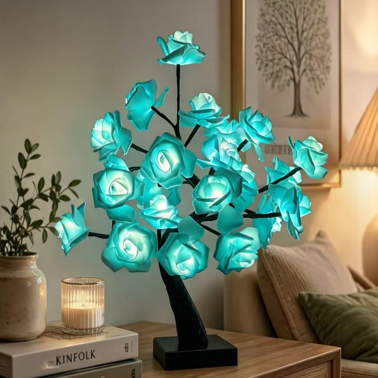 24 luci LED a forma di albero di rosa blu, lampada da tavolo con fiori artificiali bonsai, alimentata a batteria USB, luce notturna romantica per camera da letto, soggiorno, feste, matrimoni, San