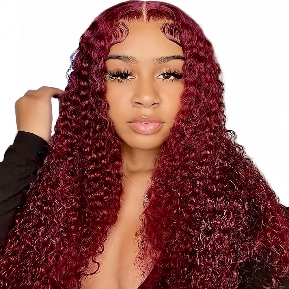 Wighottie 99j Burgundy Deep Wave Lace Front Wigs Human Hair Glueless Wigs Human Hair Pre Plucked Pre Cut 5X5 HD Lace Closure Wigs Curly 180% Density