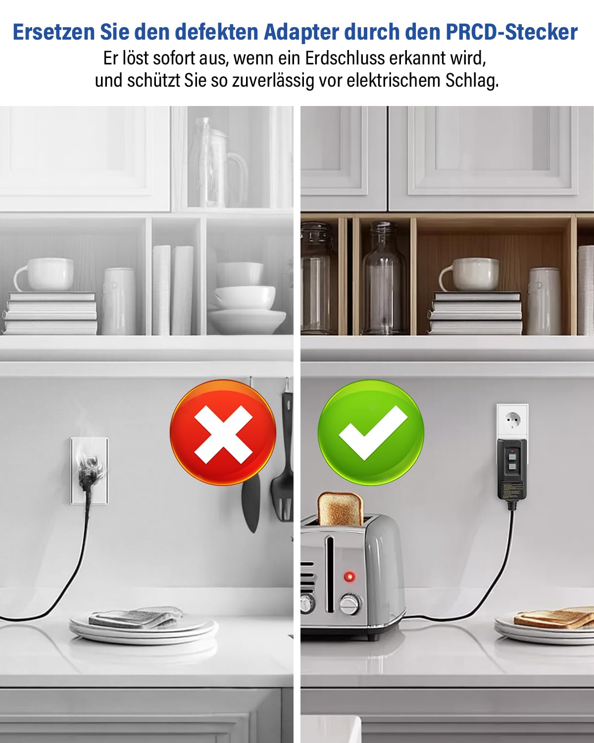 PRCD Fiche de protection personnelle 30 mA, 230 V/16 A FI - Conforme à la norme EN 61008/61009, avec affichage et bouton de test, IP54 - Pour la maison, le jardin et les appareils médicaux