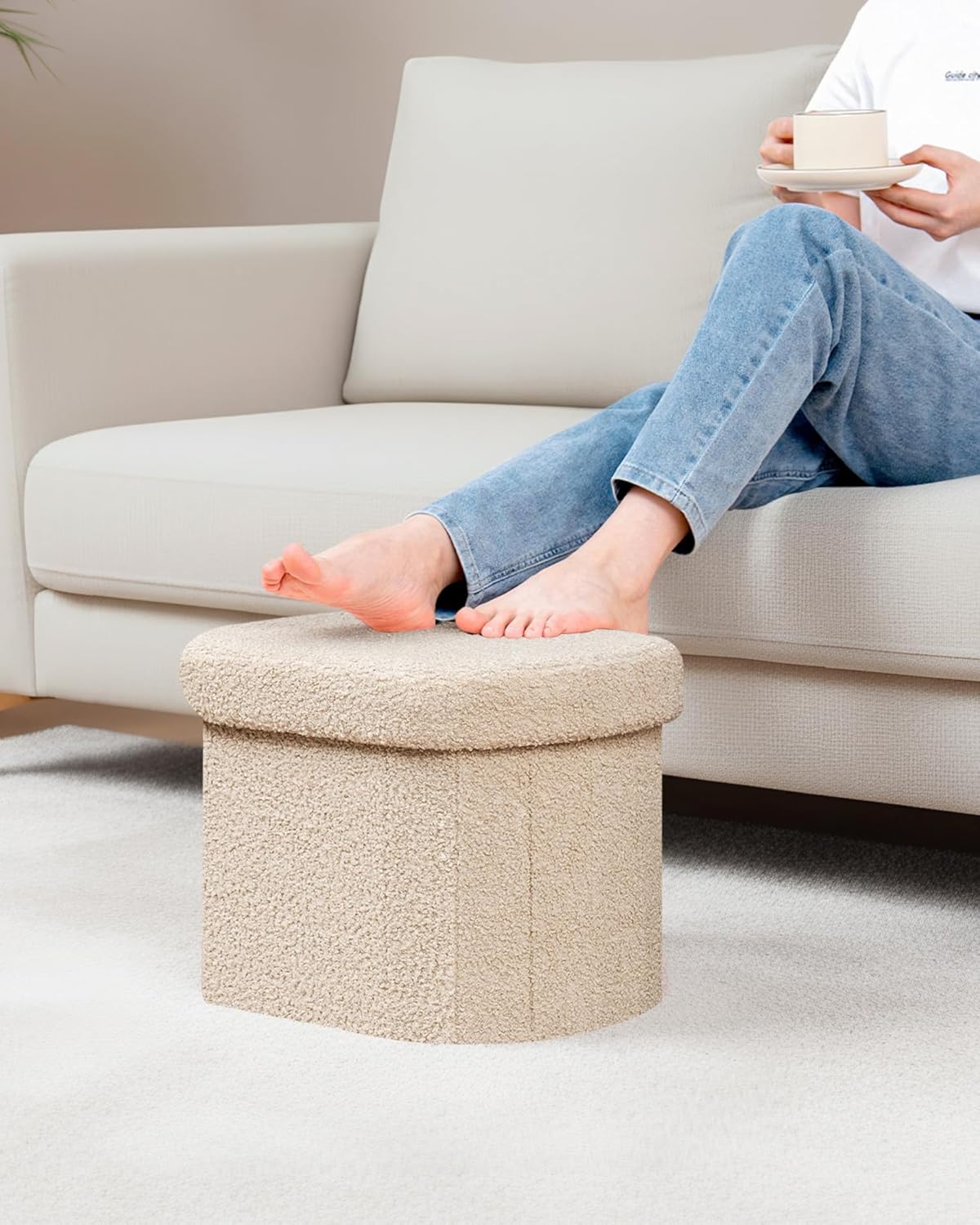 B FSOBEIIALEO Storage Ottoman for Dorm Room, Boucle Folding Storage Ottoman Foot Rest, 16.14 Inches Small Collapsible Ottoman Cube for Living Room Beige - Image 8