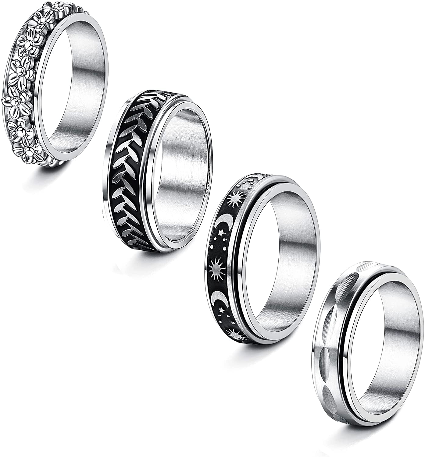 4 Pcs Spinner Rings Vintage for Women Men Fidget Rings Stainless Steel Band Rings Set Daisy Leaf Moon Ring for Stress Relieving Wedding Promise Anxiety Ring