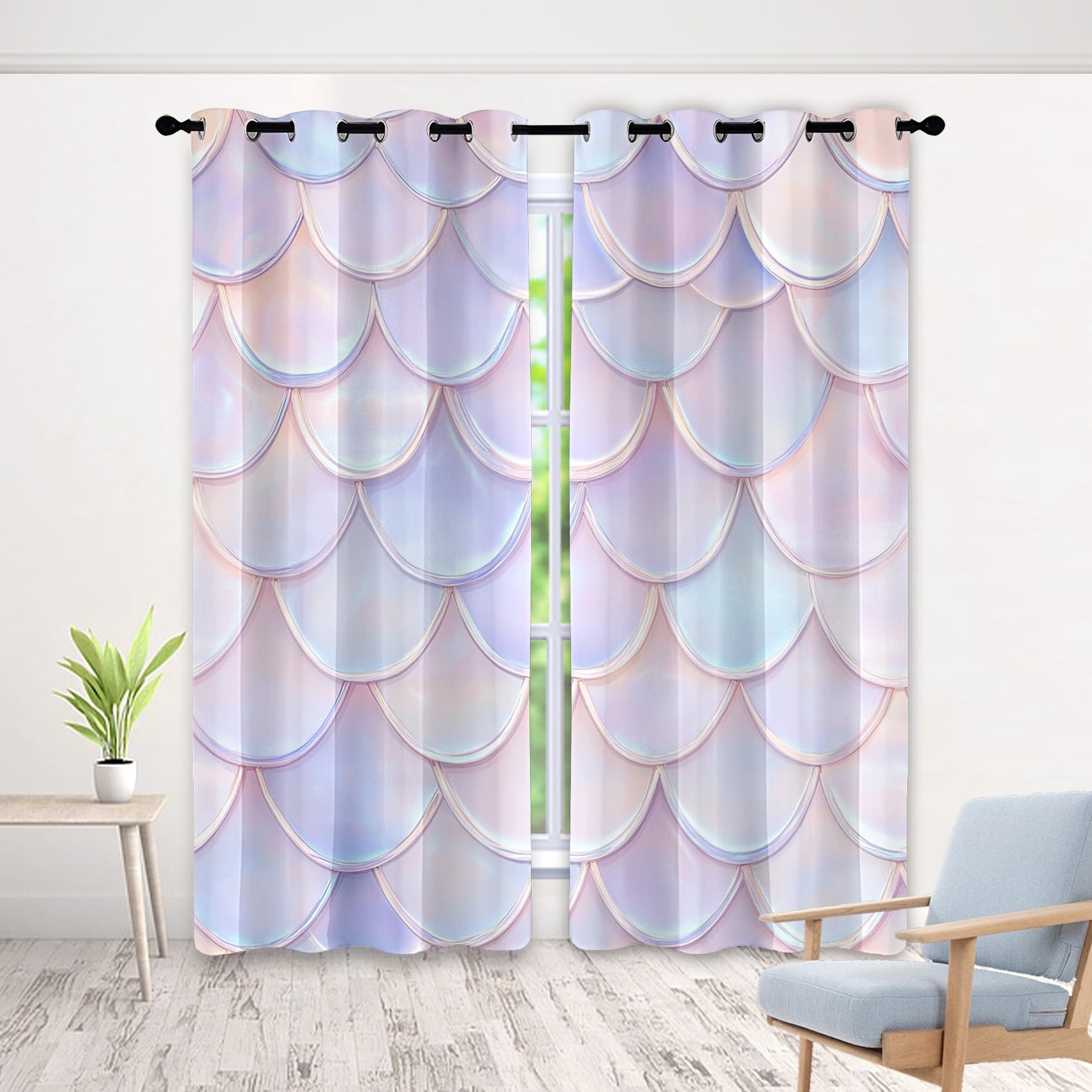 XVBVS Blackout Curtains Mermaid Scale Blackout Curtains, Colorful Fish Scale Curtains, Drapes for Bedroom Living Room, Curtain 72 Inch Drop, Thermal Insulated Eyelet Curtain 2 Panels, 46 x 72 Inch