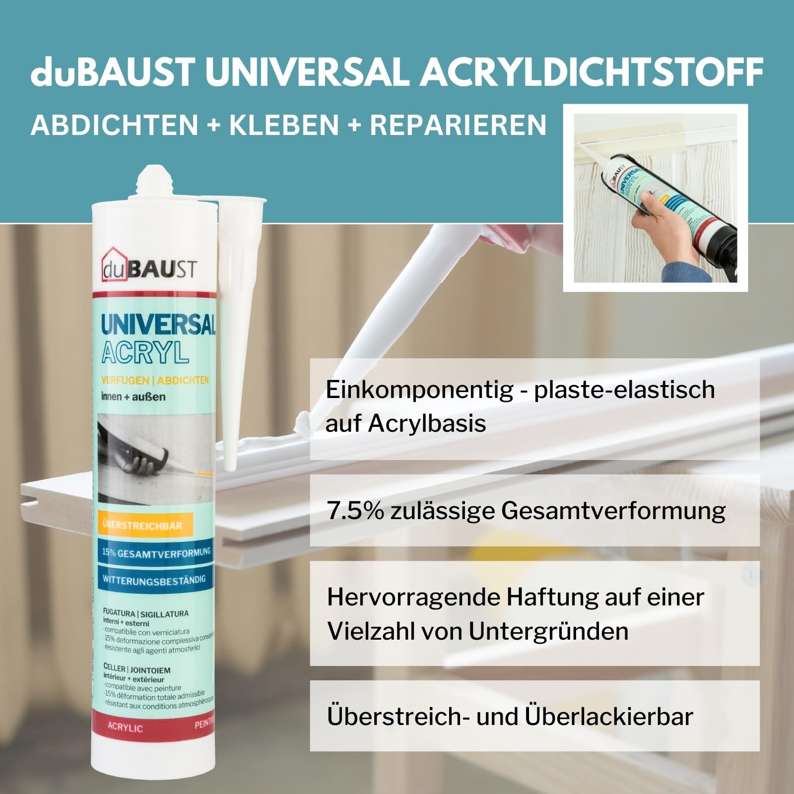 MAC24 Maleracryl Universalacryl Acryl weiß Dichtstoff für Innen + Aussen überstreichbar witterungsbeständig 310ml Kartusche (12)