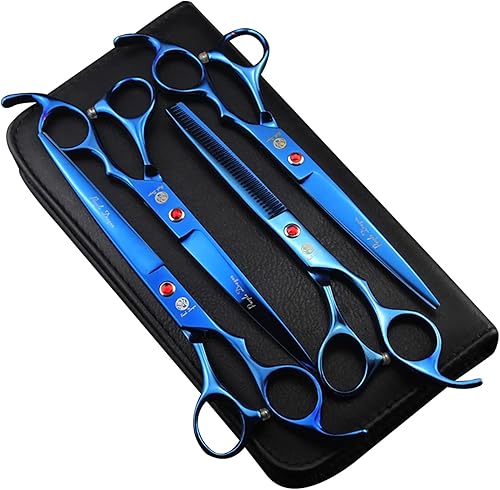 Purple Dragon Juego de tijeras profesionales de 7.0 pulgadas, 4 piezas, para aseo de mascotas, acero de primera calidad, rectas, curvadas y